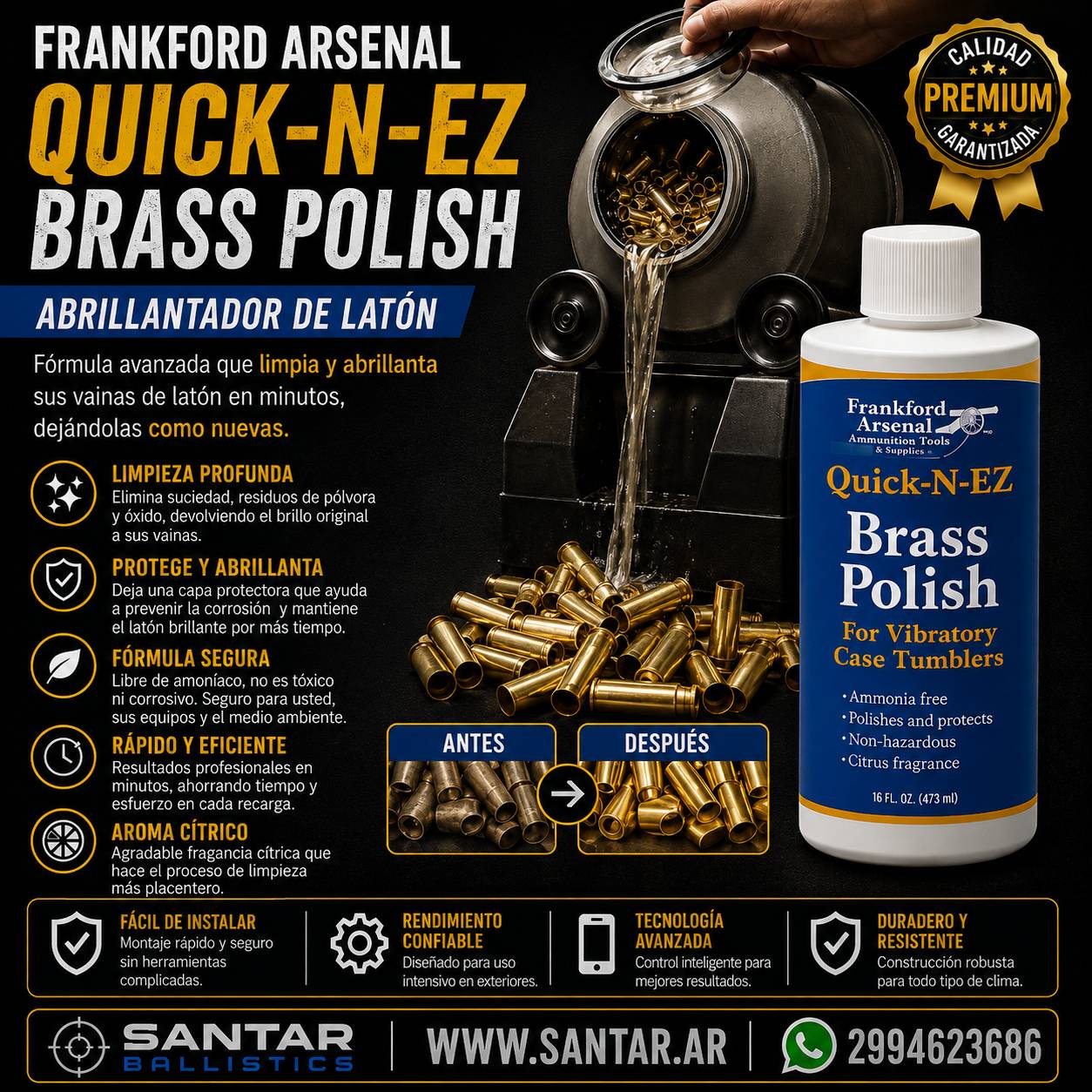Frankford Arsenal Botella de abrillantador de latón Quick-N-EZ - Santar Ballistics