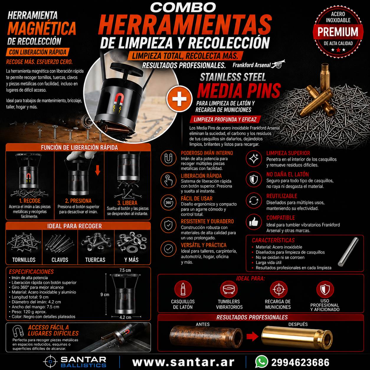 Stainless Steel Media Pins 1kg + herramienta magnetica - Santar Ballistics