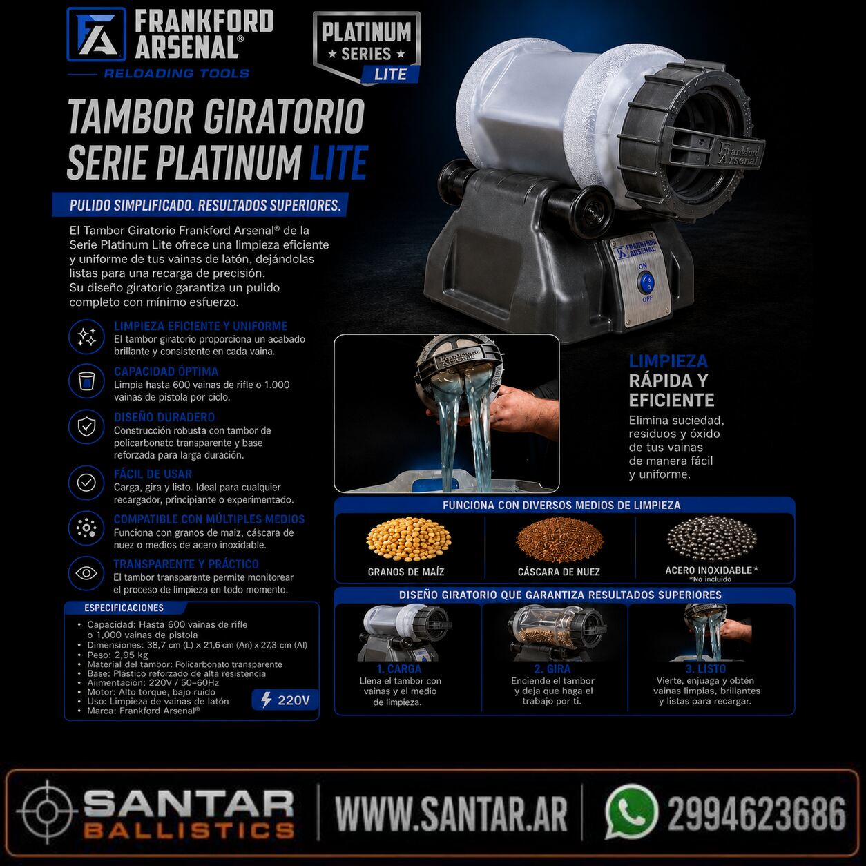 Frankford Arsenal Tumbler Giratorio de la Serie Platinum Lite - Santar Ballistics