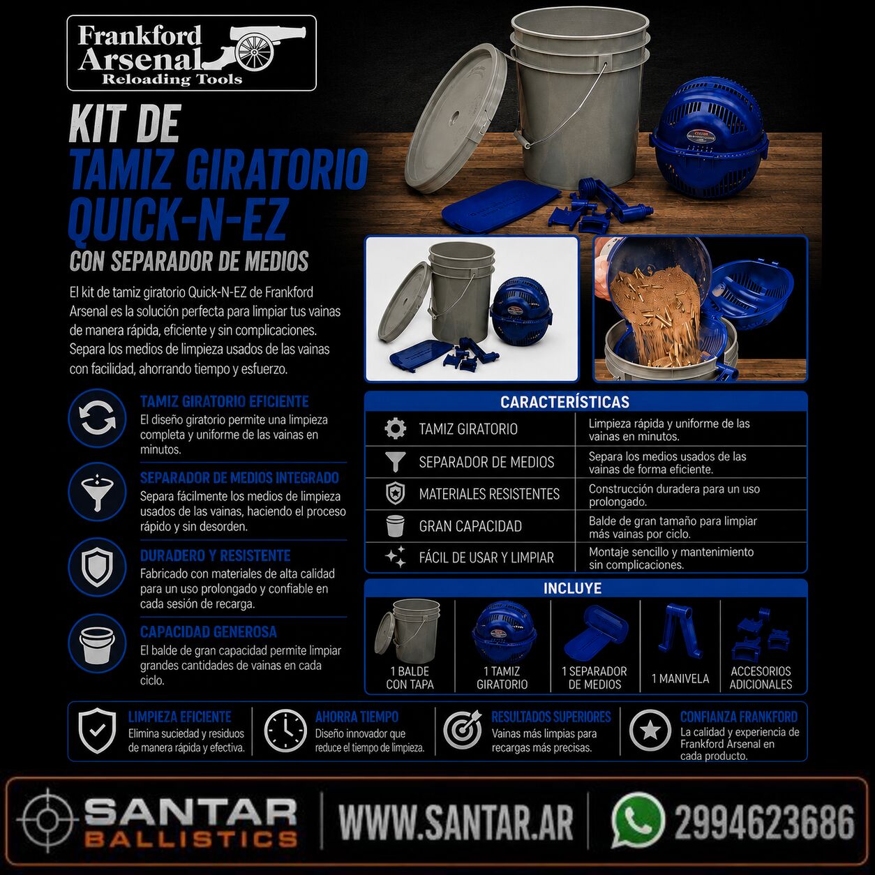 Frankford Arsenal Quick-N-EZ Kit de tamiz giratorio con separador de vainas - Santar Ballistics