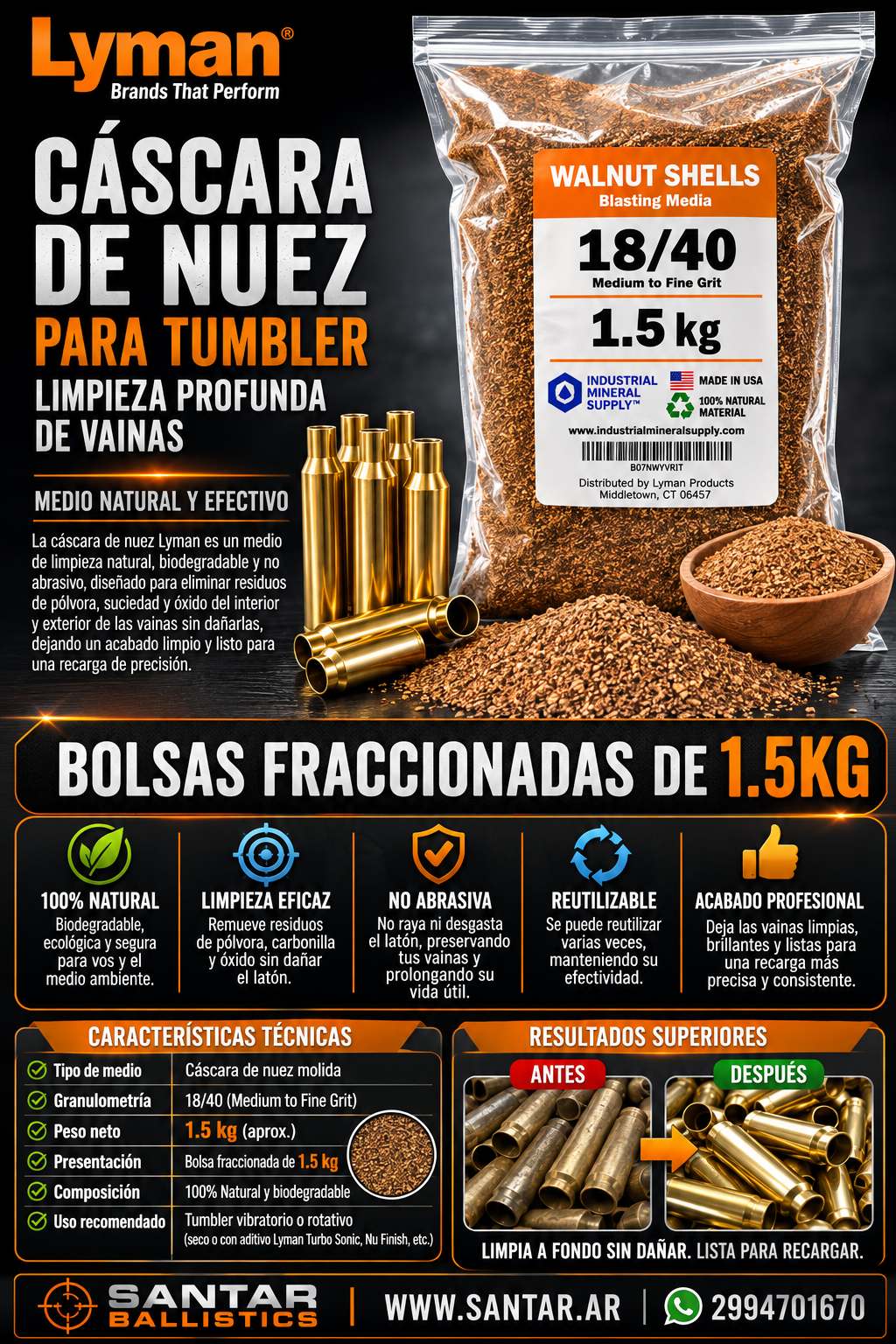 Cascara de nuez triturada para Tumbler x 1,5kg fraccionada - Santar Ballistics