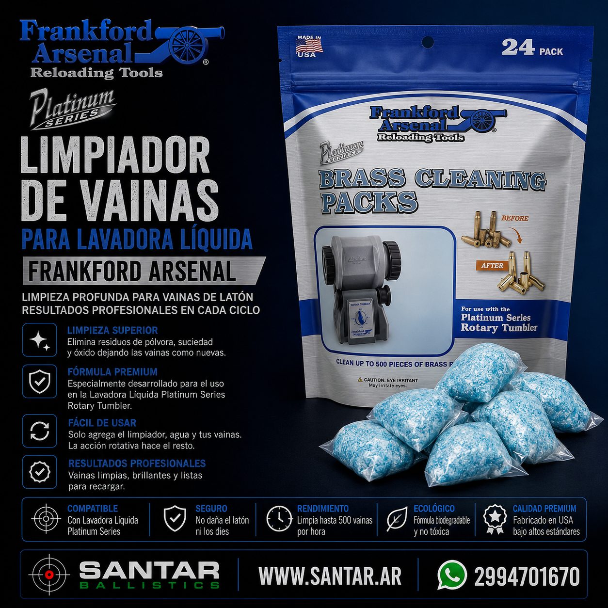 limpiador de vainas para Lavadora liquida Frankford - 24u - Santar Ballistics