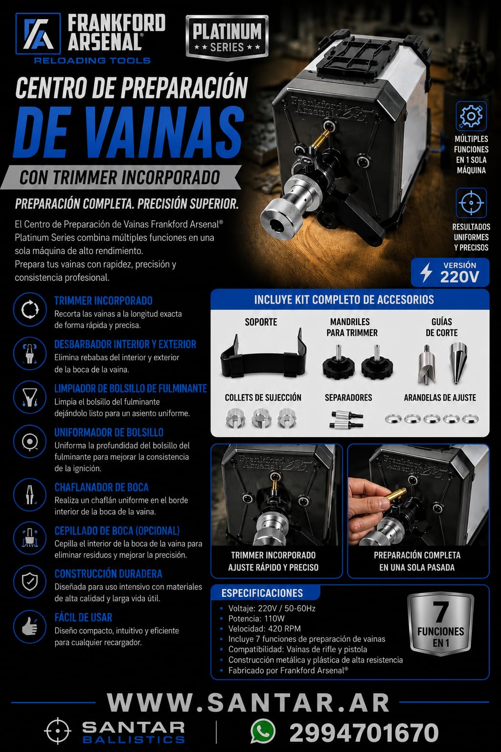 Frankford Arsenal Platinum Series centro de preparación de vainas + trimmer - Santar Ballistics