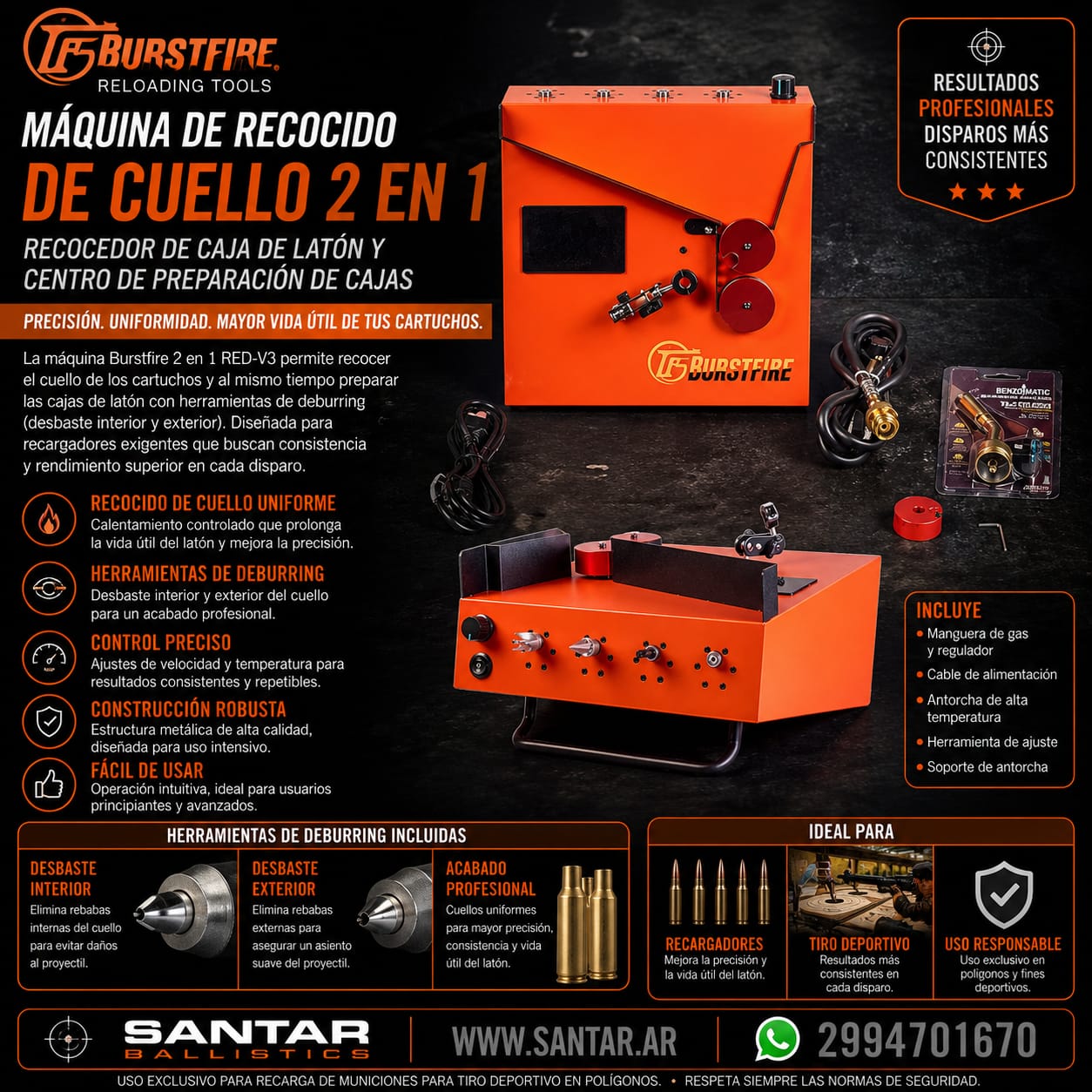 Burstfire - 2 en 1 - Annealer recocido  de vainas = brass + case prep center - Santar Ballistics