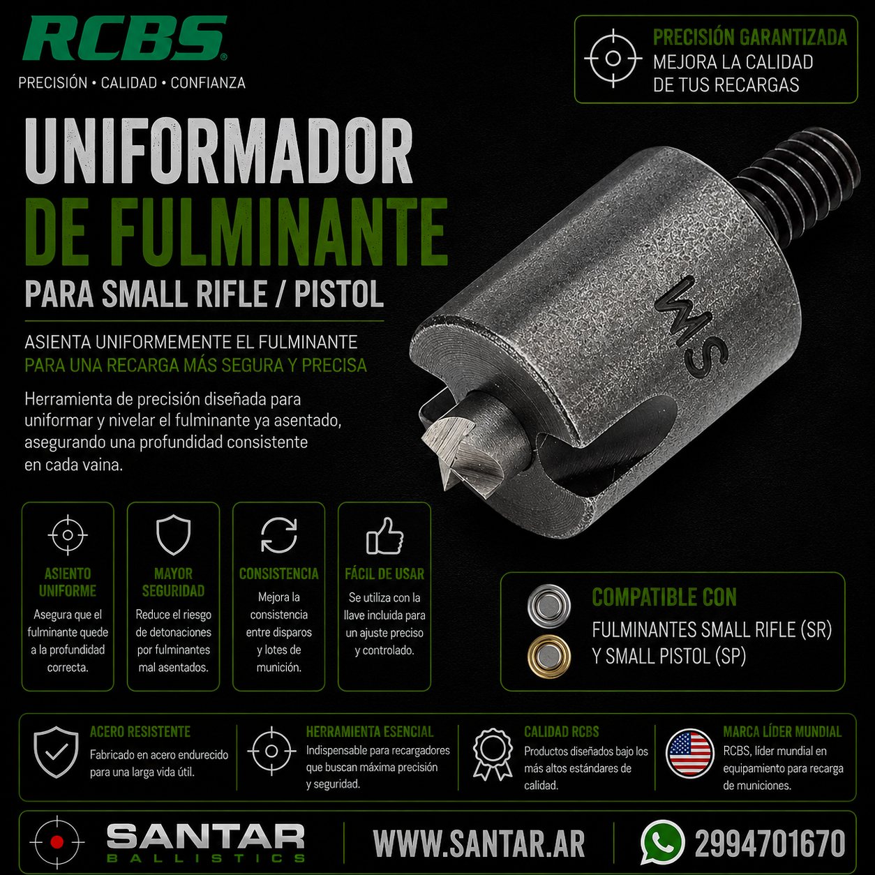UNIFORMADOR RCBS DE FULMINANTE PARA SMALL RIFLE/PISTOL - Santar Ballistics