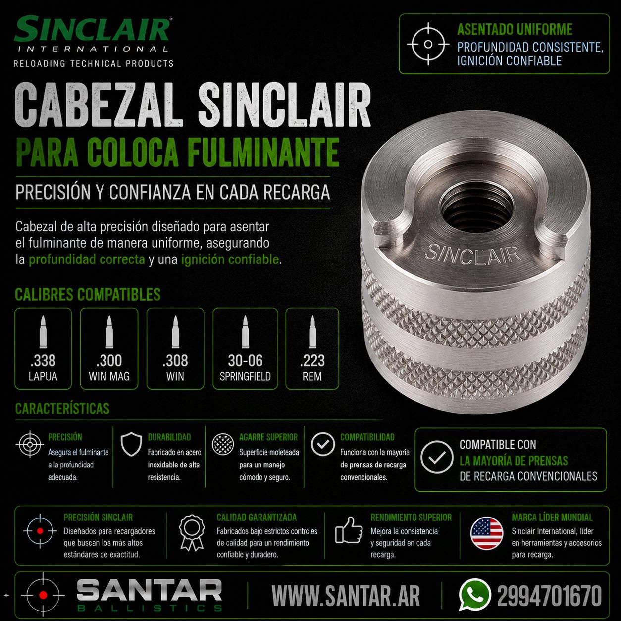 CABEZAL SINCLAIR PARA COLOCA FULMINANTE 300 WIN MAG #4 - Santar Ballistics