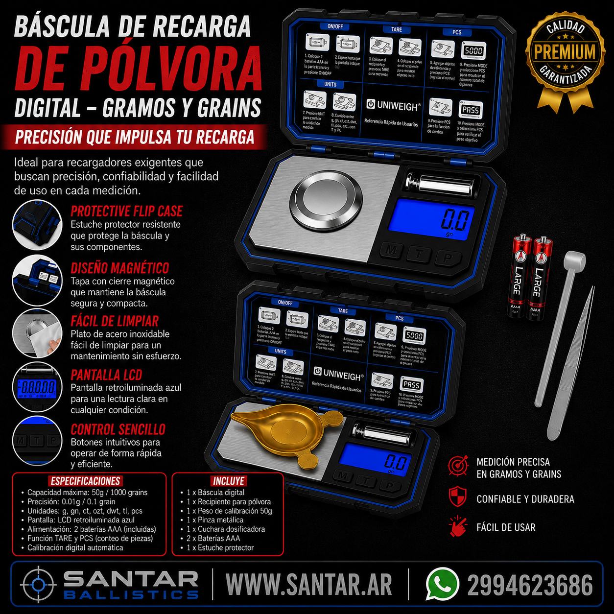 Bascula de recarga de polvora en gramos y grains - Digital - UNIWEIGH - Santar Ballistics