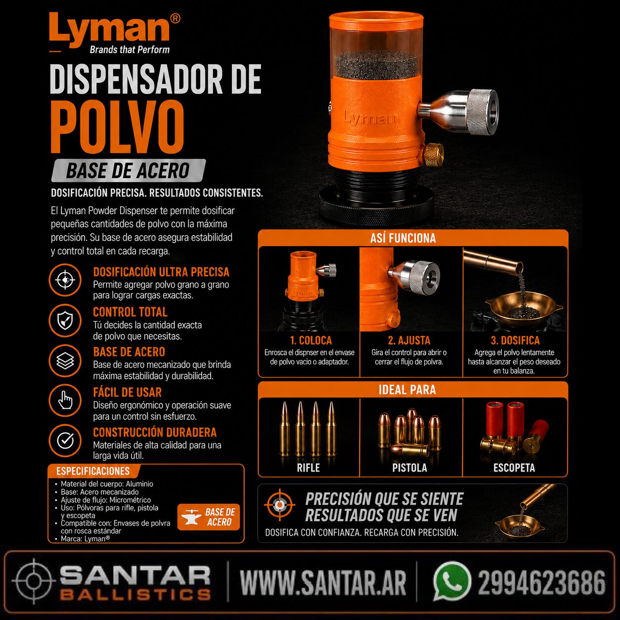 Lyman, Polvora Trickler - base acero - Santar Ballistics