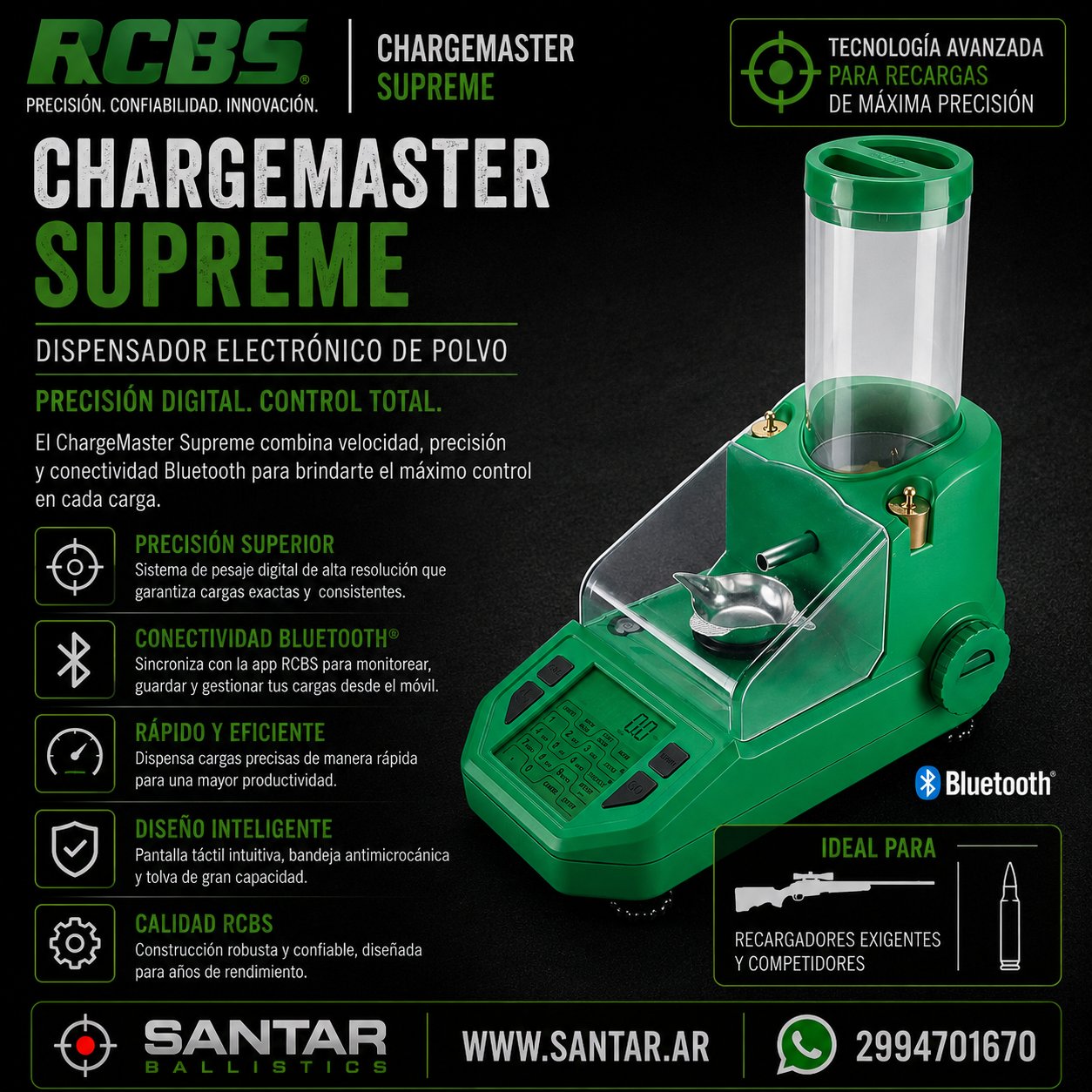 RCBS ChargeMaster Supreme - Dispensador electrónico de polvora - Bluetooth - Santar Ballistics