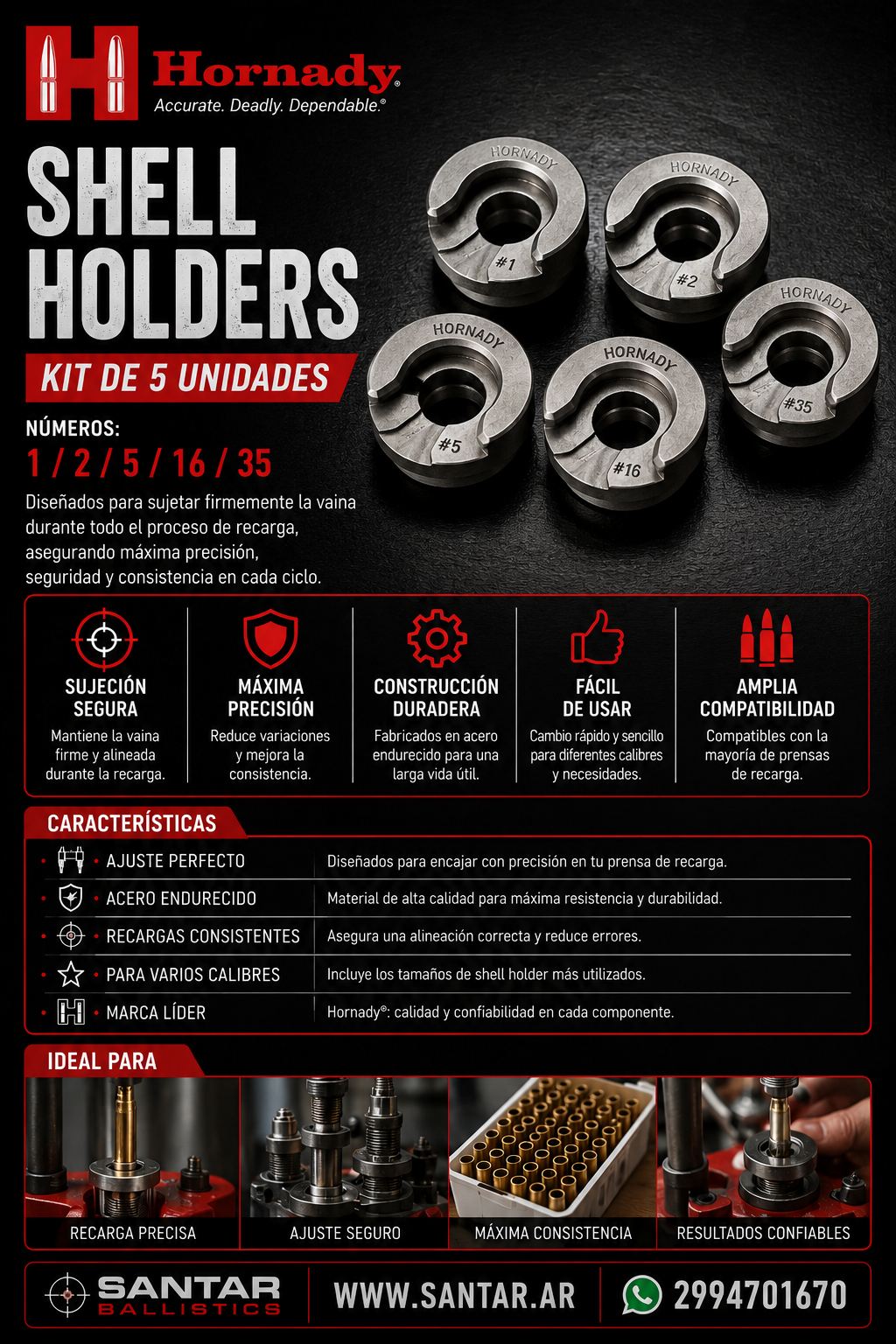 Kit de Shell Holders 1/2/5/16/35 - Santar Ballistics