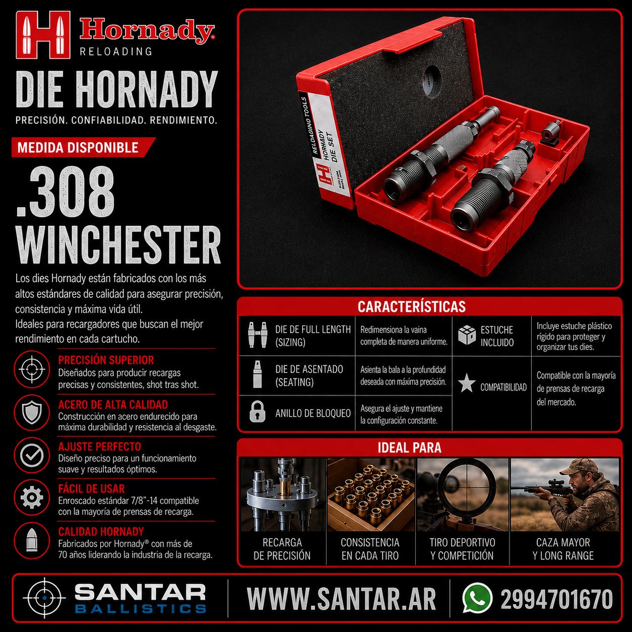 DIE CUSTOM GRADE HORNADY 308 W - Santar Ballistics