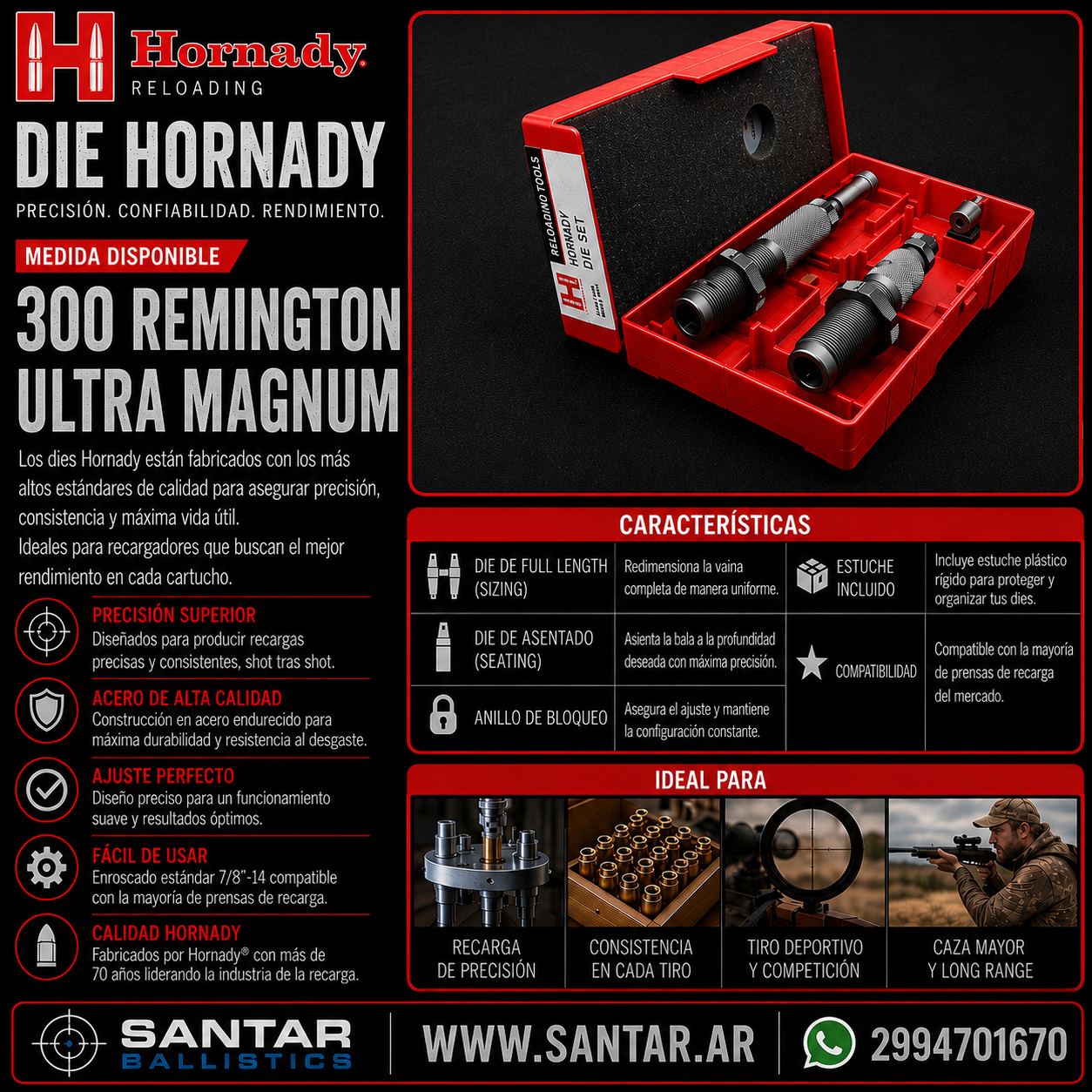 DIE CUSTOM GRADE HORNADY 300 REM ULTRA - Santar Ballistics