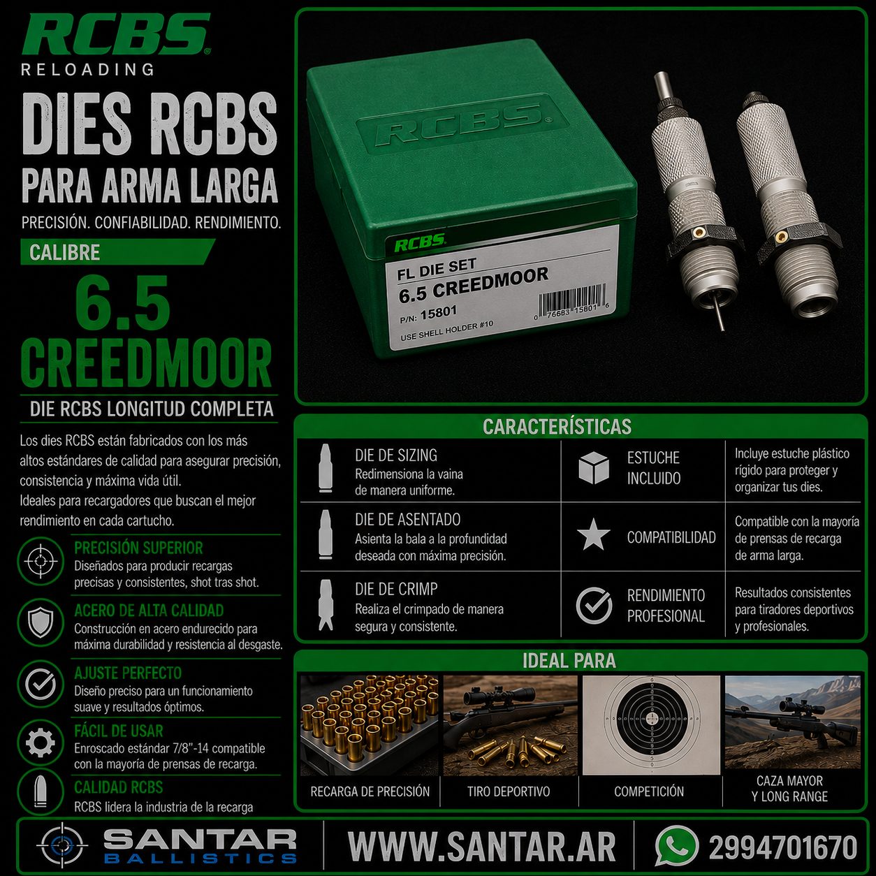 DIE RCBS LONGITUD COMPLETA - 6.5 CREEDMORE - Santar Ballistics