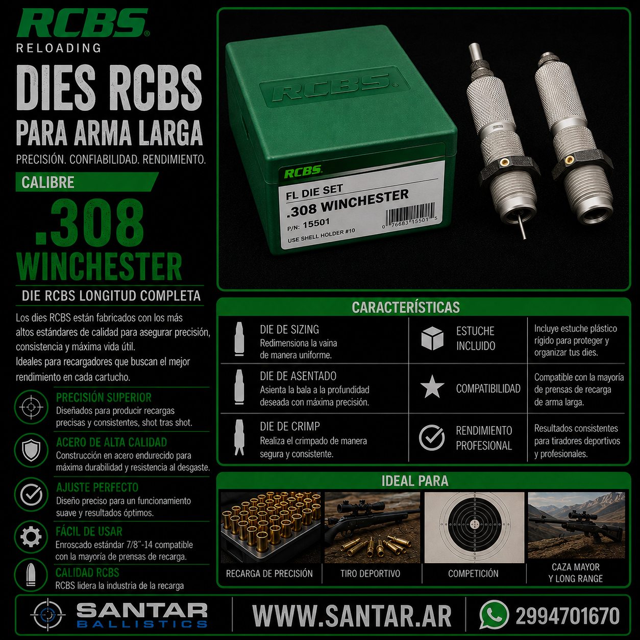 DIE RCBS LONGITUD COMPLETA - .308 WINCHESTER - Santar Ballistics