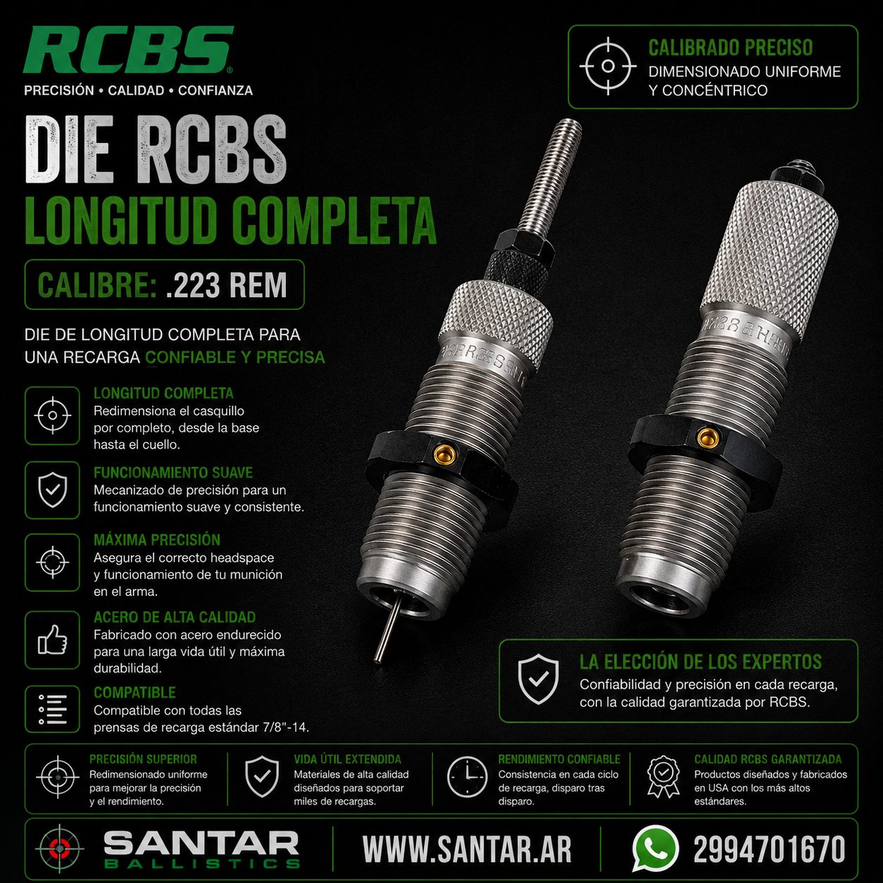 DIE RCBS LONGITUD COMPLETA 223 REM - Santar Ballistics