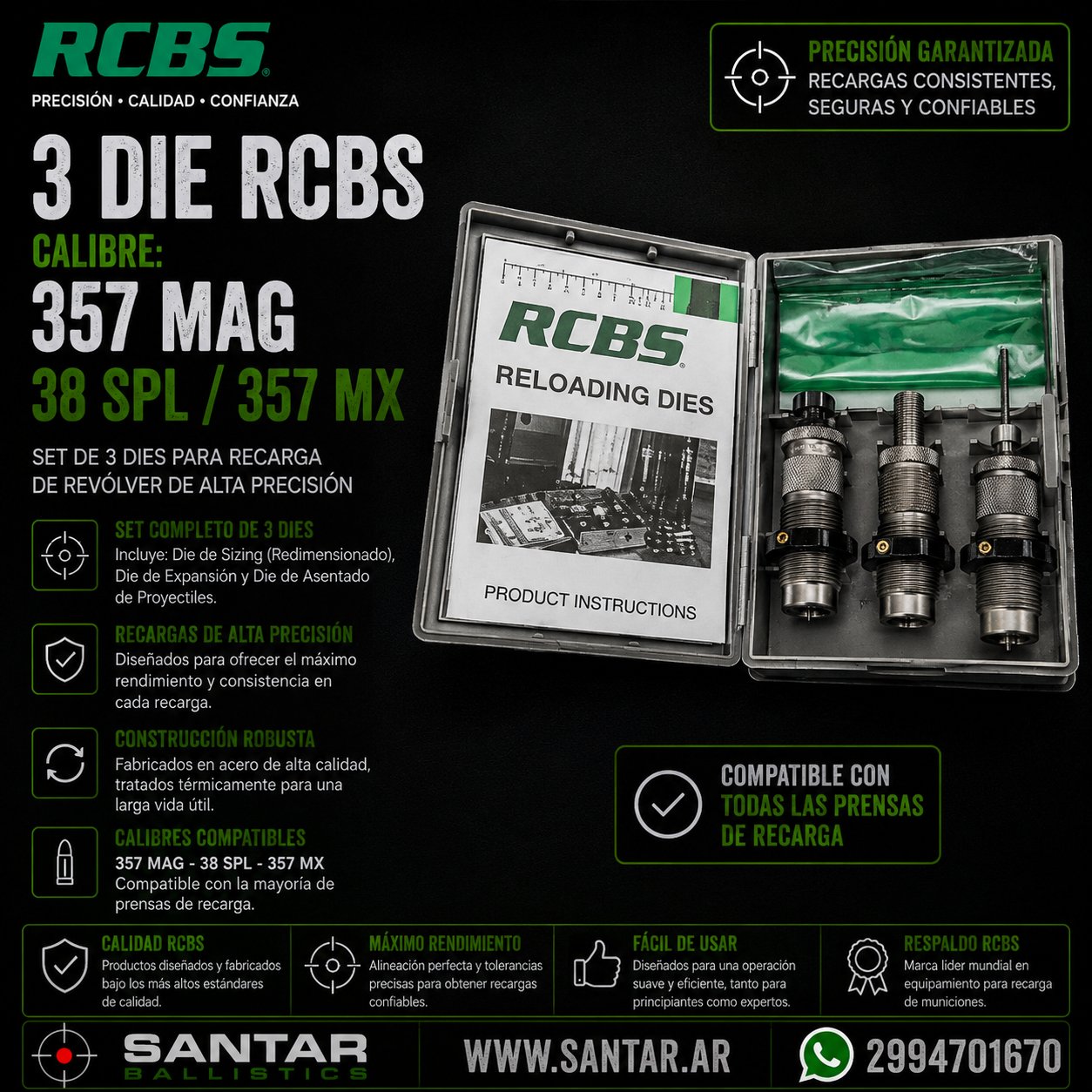 3 DIE RCBS Cal - 357MAG / 38SPL / 357MX - Santar Ballistics