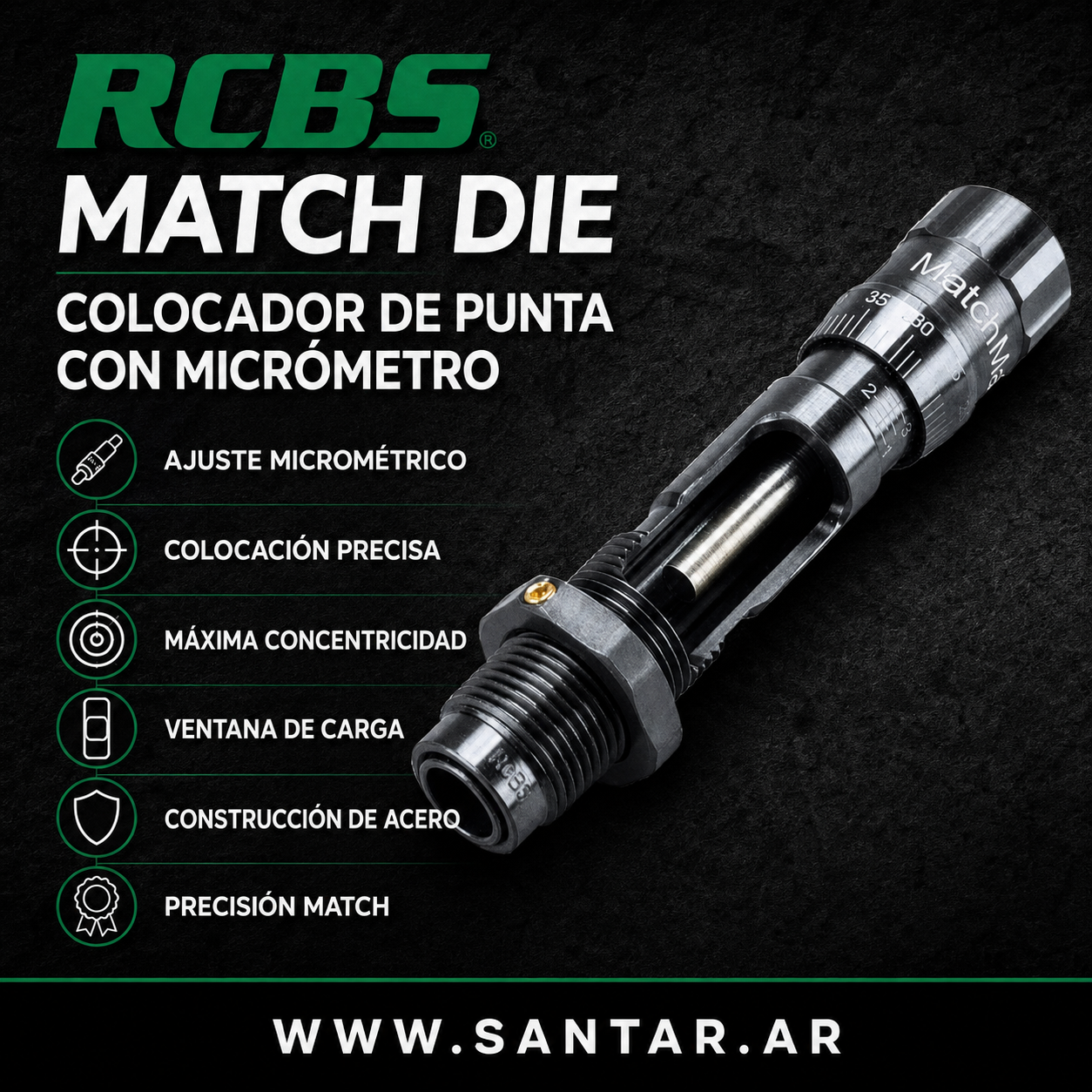 RCBS MATCH DIE - Colocador de punta con micrometro .300WM - Santar Ballistics