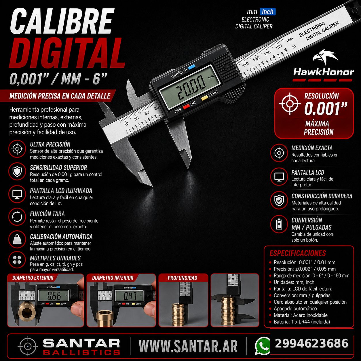 Calibre digital 0,001 / mm - 6 - Santar Ballistics