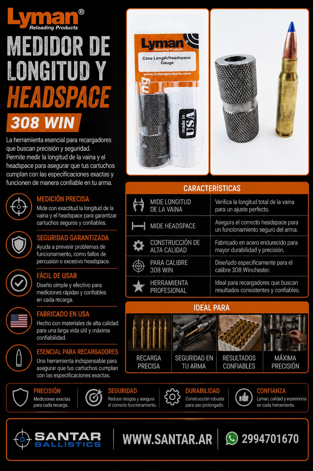 Lyman Reloading 308 Win - Medidor de longitud y headspace - Santar Ballistics