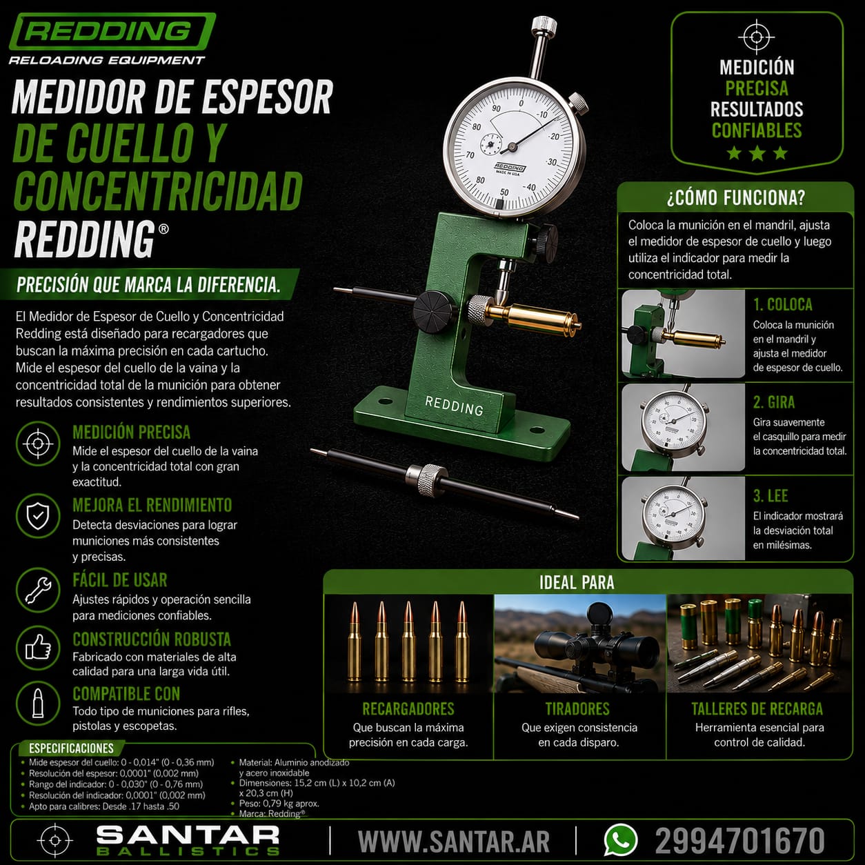 Redding case neck Gauge - medidor de espesor de cuello - Santar Ballistics