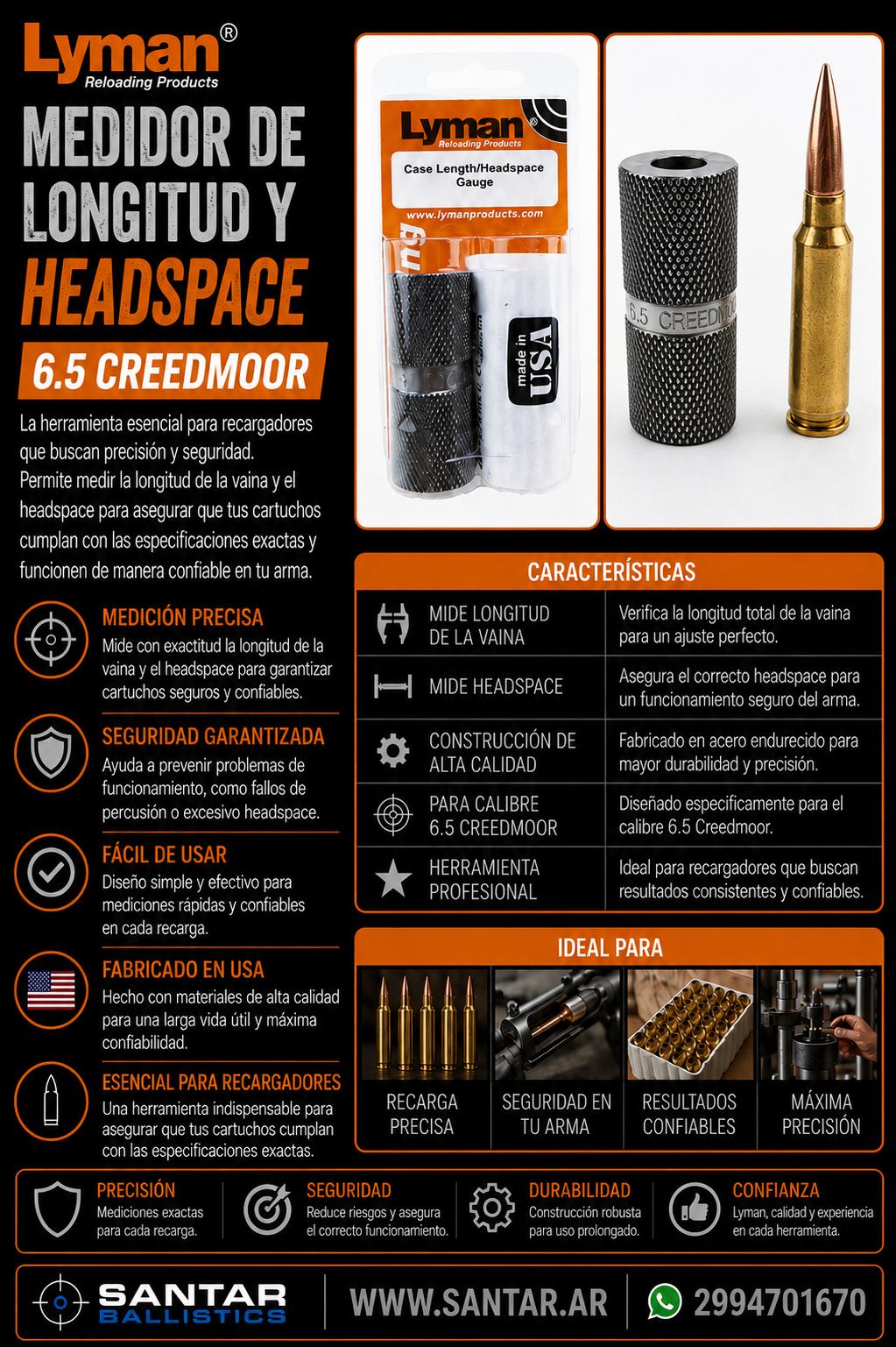 Lyman Reloading 6.5 Creedmore - Medidor de longitud y headspace - Santar Ballistics