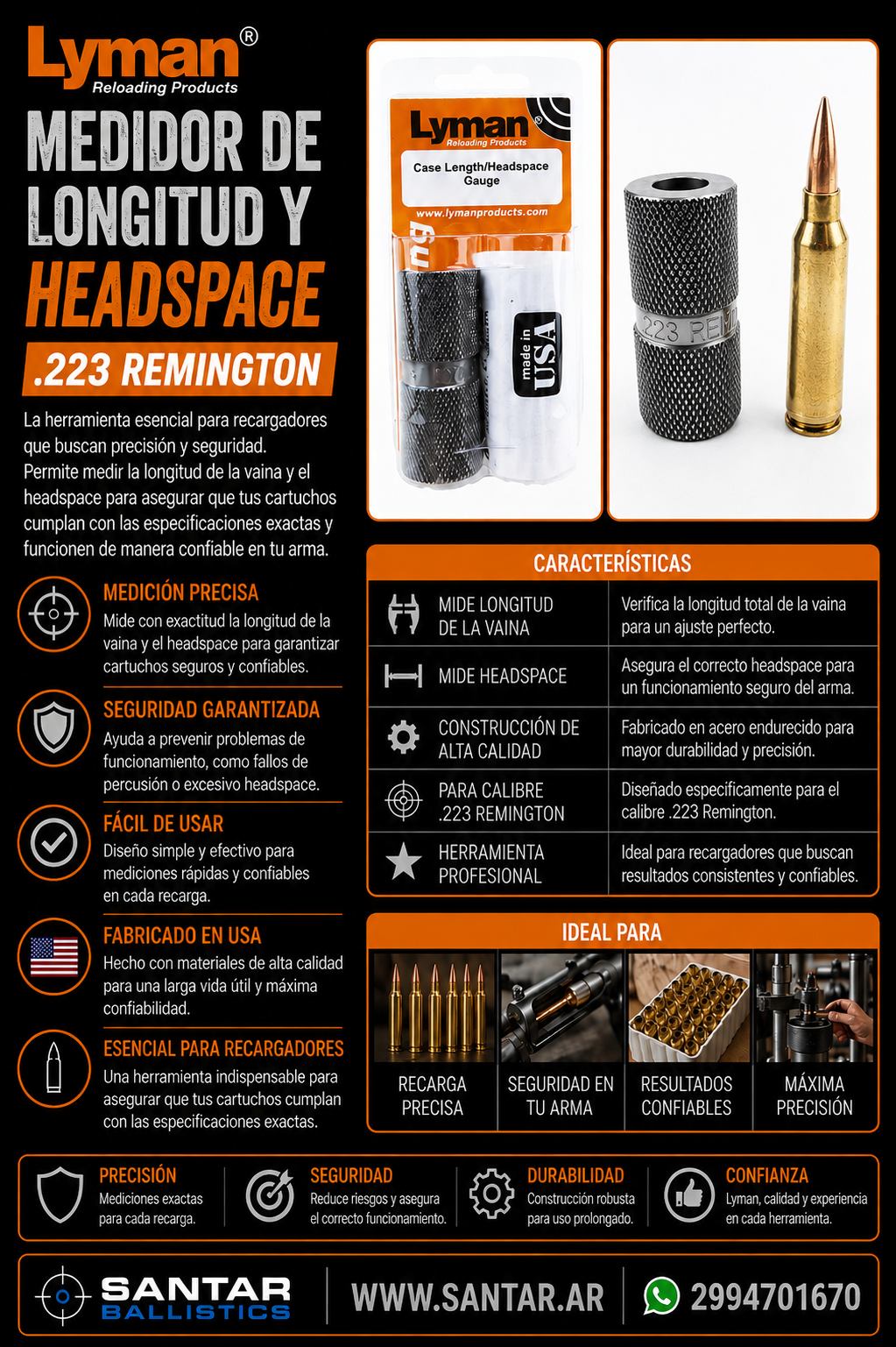 Lyman Reloading .223 REM - Medidor de longitud y headspace - Santar Ballistics