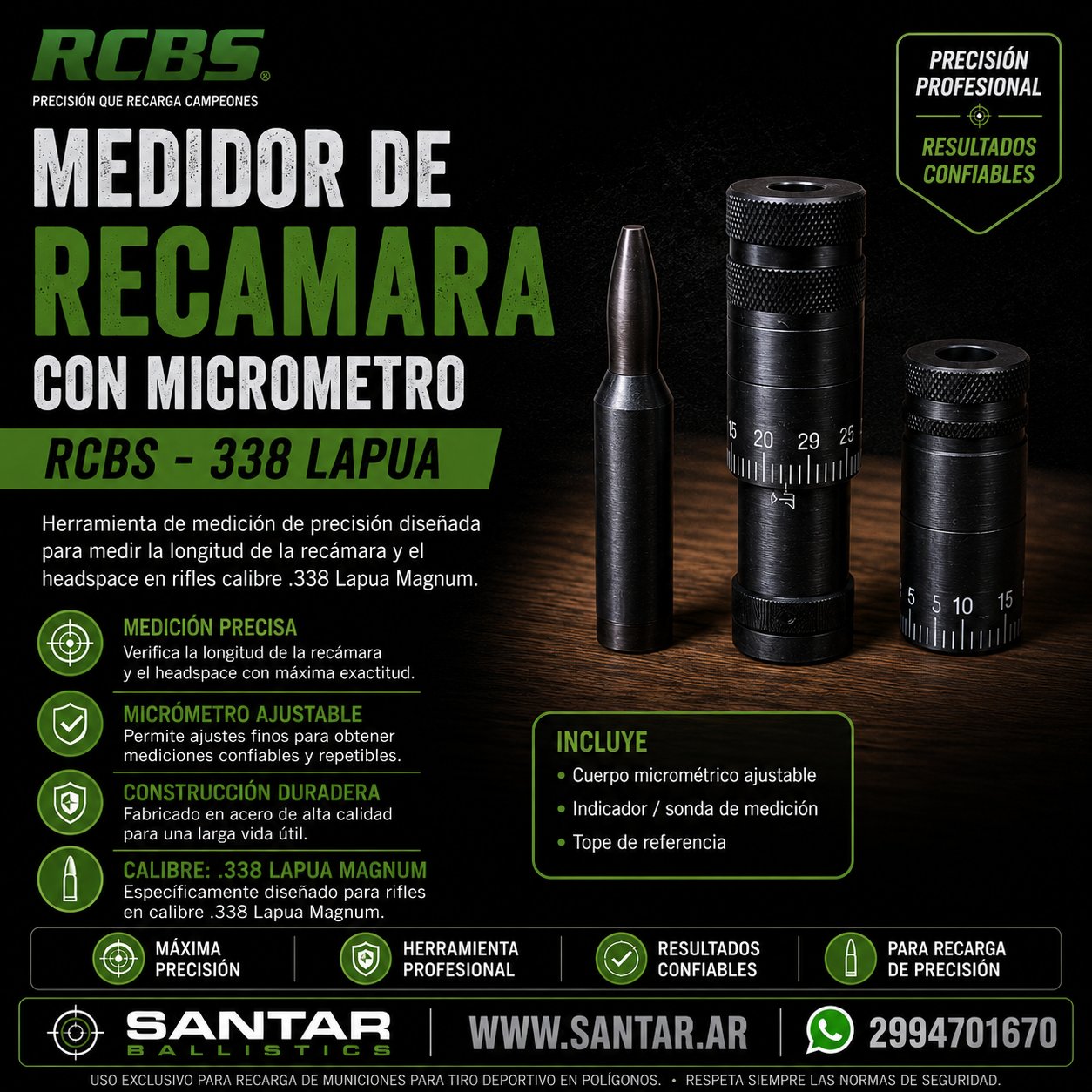 Medidor de RECAMARA con MICROMETRO RCBS - 338 LAPUA - Santar Ballistics