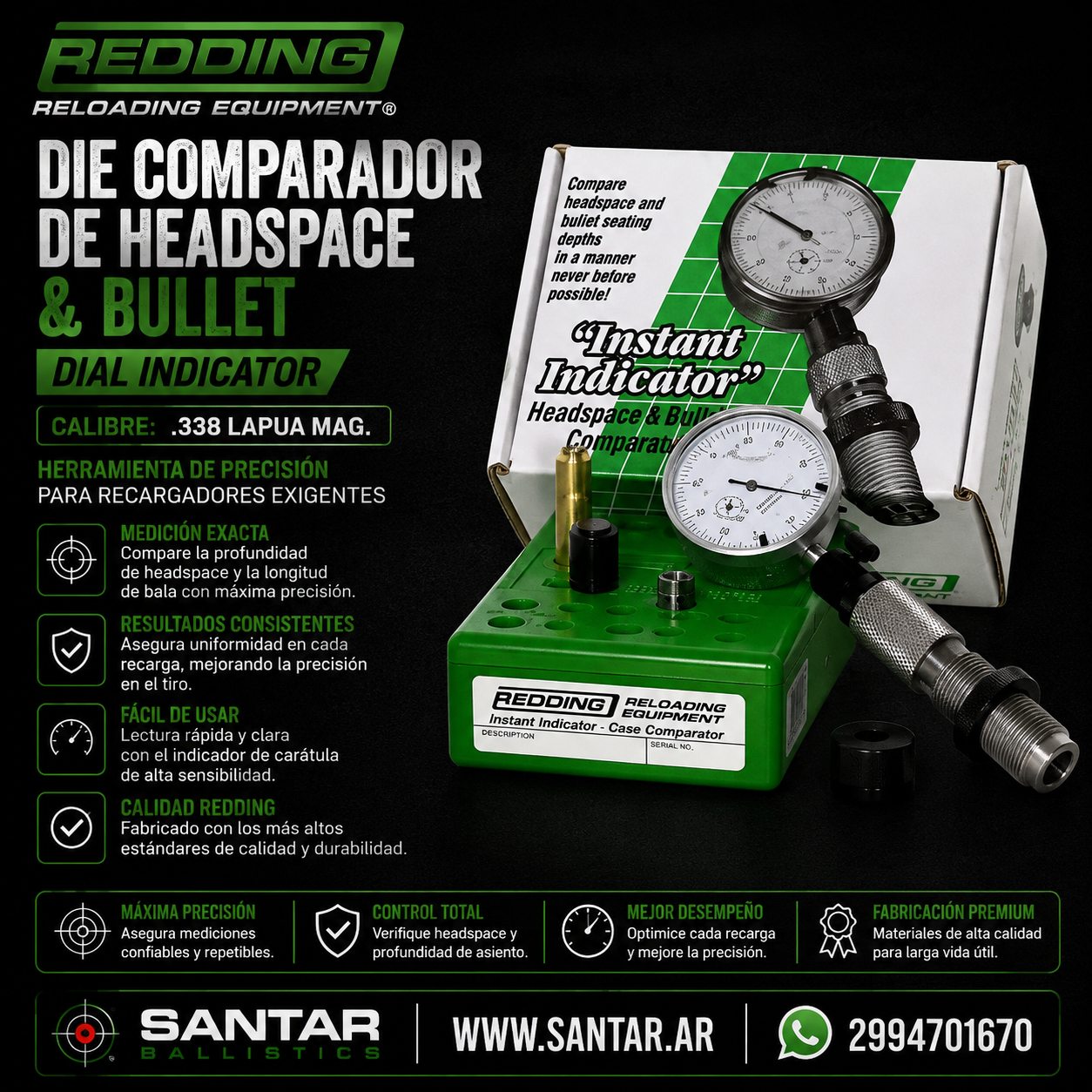 Die comparador de headspace & bullet de DIAL REDDING 338 LAPUA - Santar Ballistics