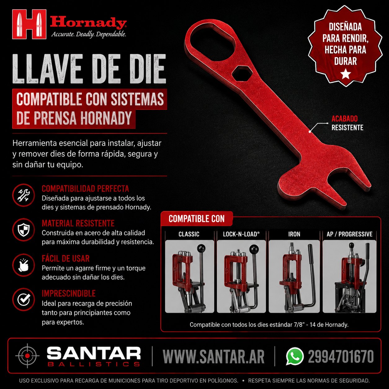 Llave de DIE compatible con sistemas de prensa Hornady - Santar Ballistics