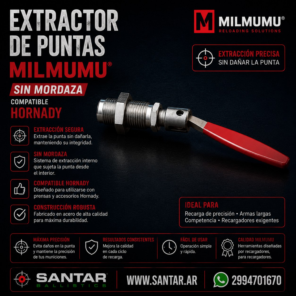 PINZA Extractor de Puntas MILMUMU sin mordaza - Campatible HORNADY - Santar Ballistics