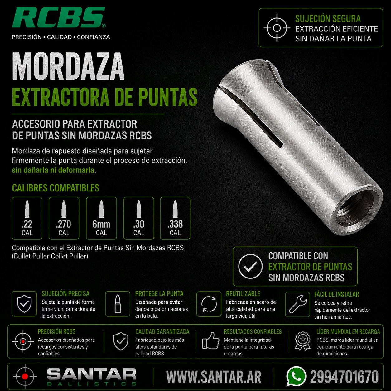 RCBS MORDAZA EXTRACTORA DE PUNTAS 6MM CAL - Santar Ballistics