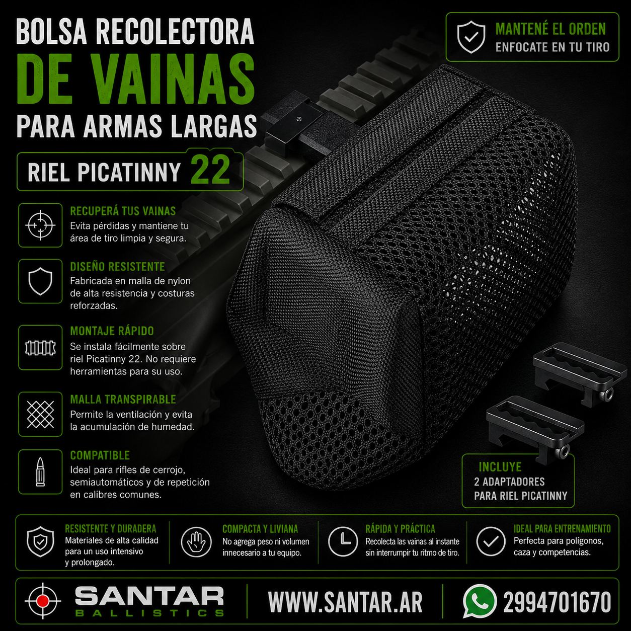 Bolsa recolectora de Vainas para armas Largas - RIEL PICANTINY 22 - Santar Ballistics