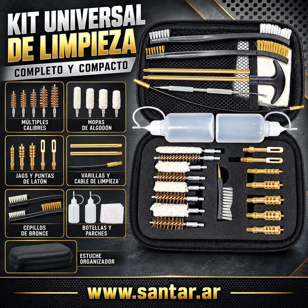 Kit universal de limpieza de pistola -.22,.357,.38,9 in, .45 se adapta a la mayoría de armas de fuego de calibre, cepillos de latón, adaptador Jag, hisopos de algodón de 6 pulgadas de largo - Santar Ballistics
