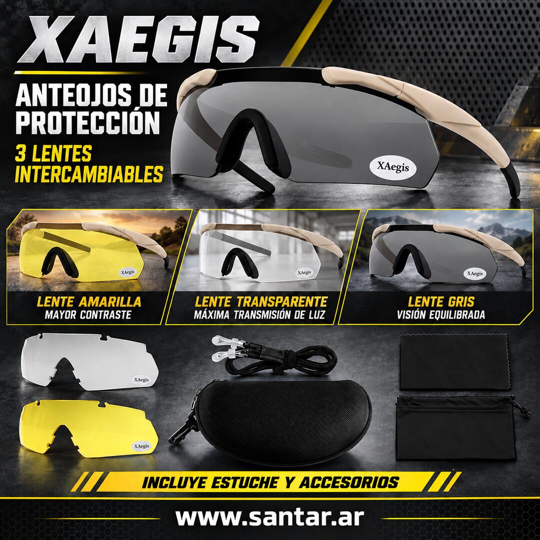 Xaegistac Gafas de disparo, protección ocular para campo de tiro, gafas tácticas con 3 lentes intercambiables, protección ocular de alto impacto - Negro/Arena - Santar Ballistics