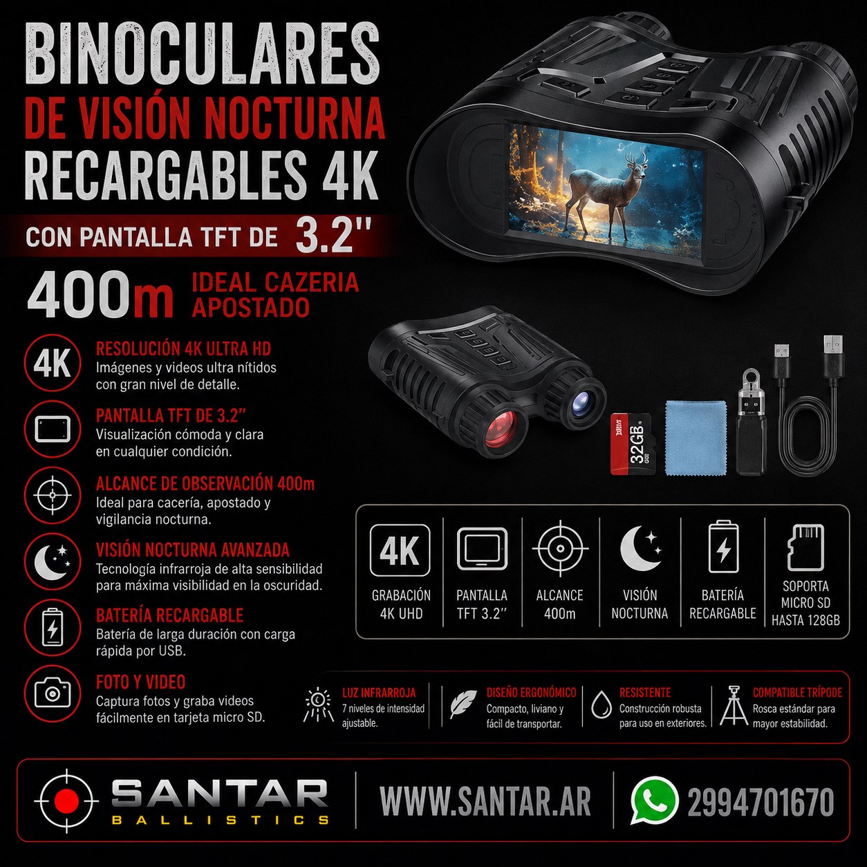 Binoculares de Visión Nocturna Recargables 4K con Pantalla TFT de 3.2'' - 400m - Santar Ballistics