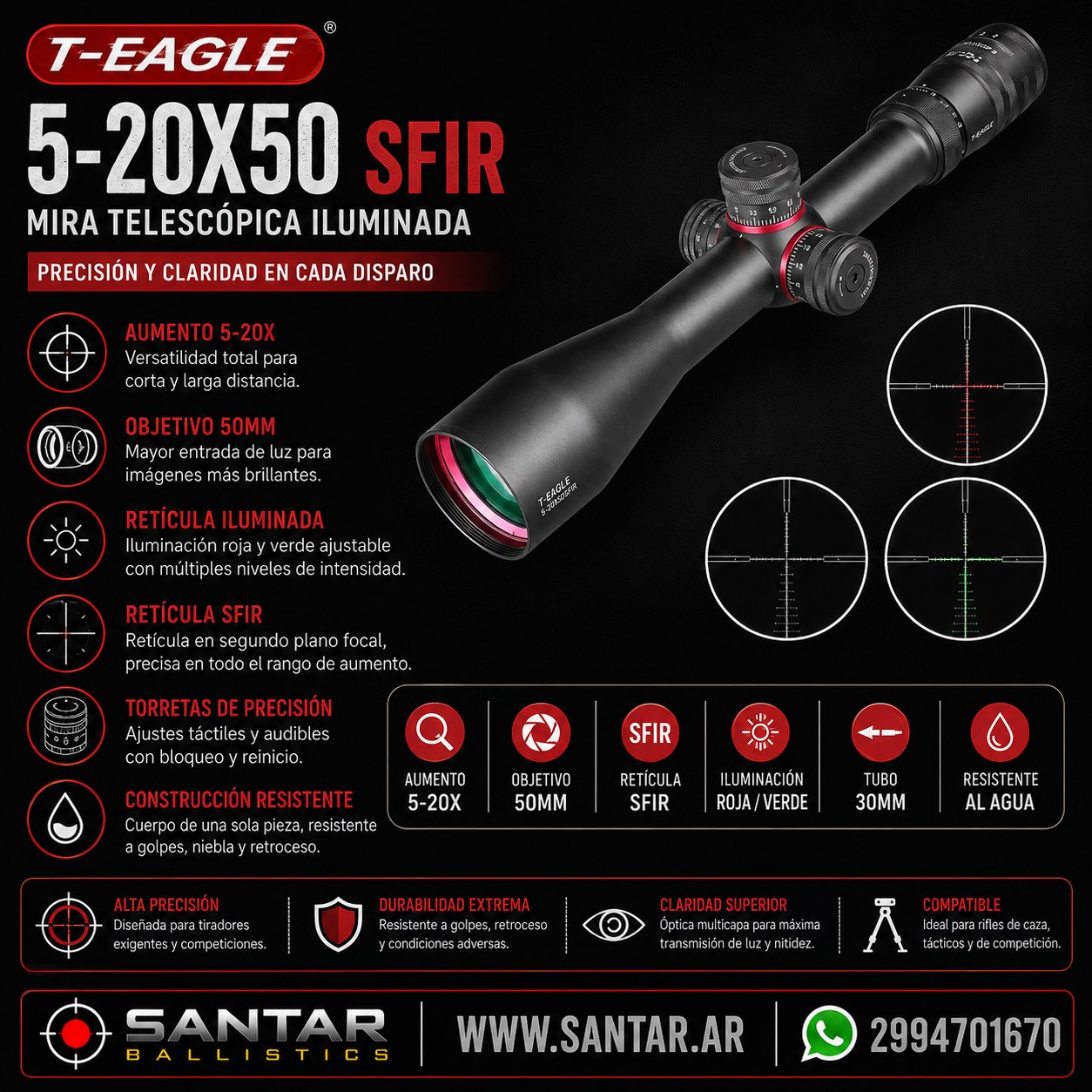 TEAGLE 5-20X50 SFIR mira telescópica iluminada - incluye anillas Altas - Santar Ballistics