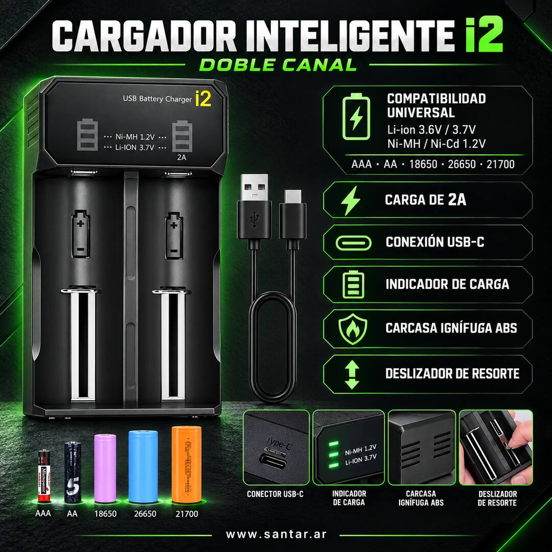 Cargador de batería 18650 para baterías de iones de litio de 3.7 sin pilas - Santar Ballistics