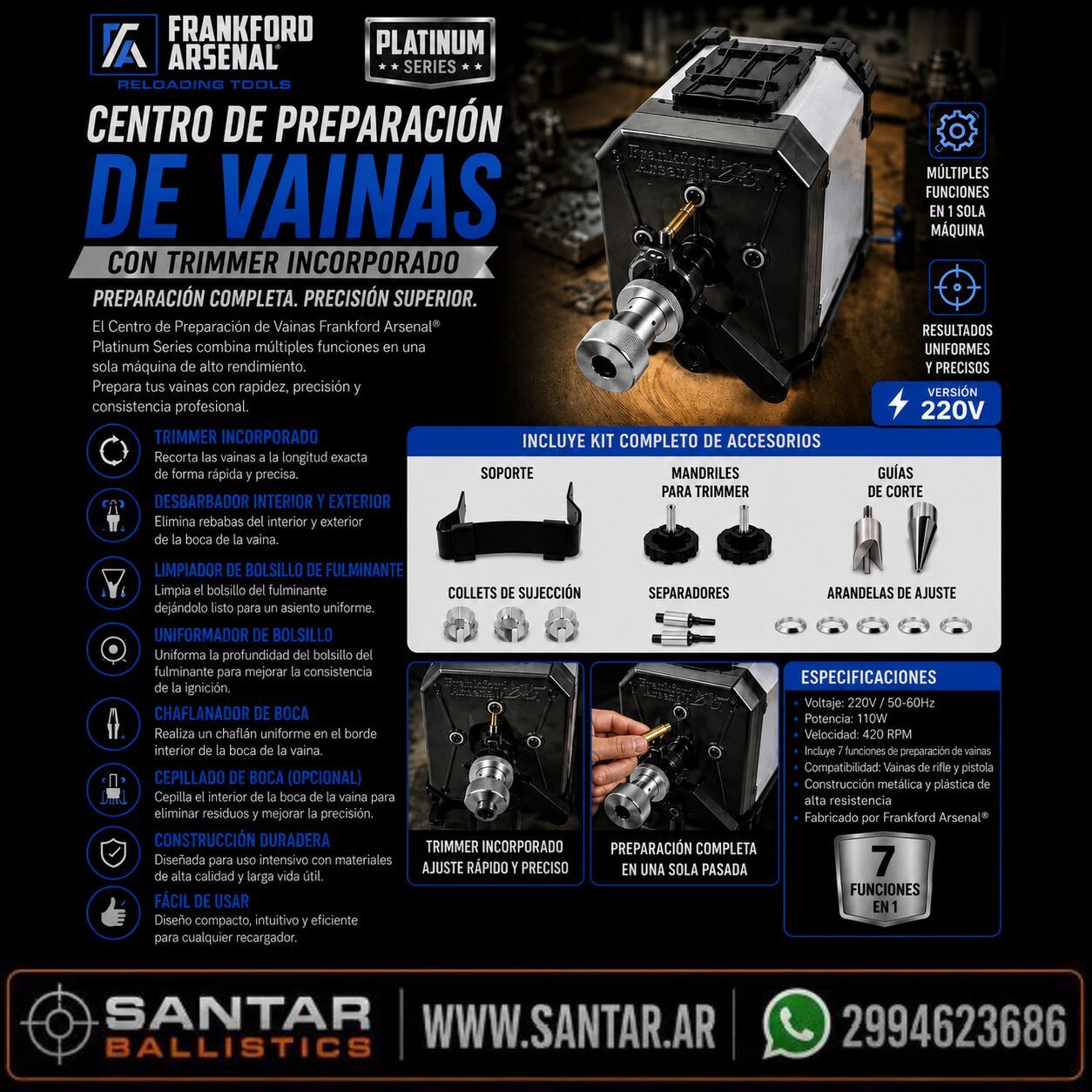 Frankford Arsenal Platinum Series centro de preparación de vainas + trimmer - Santar Ballistics