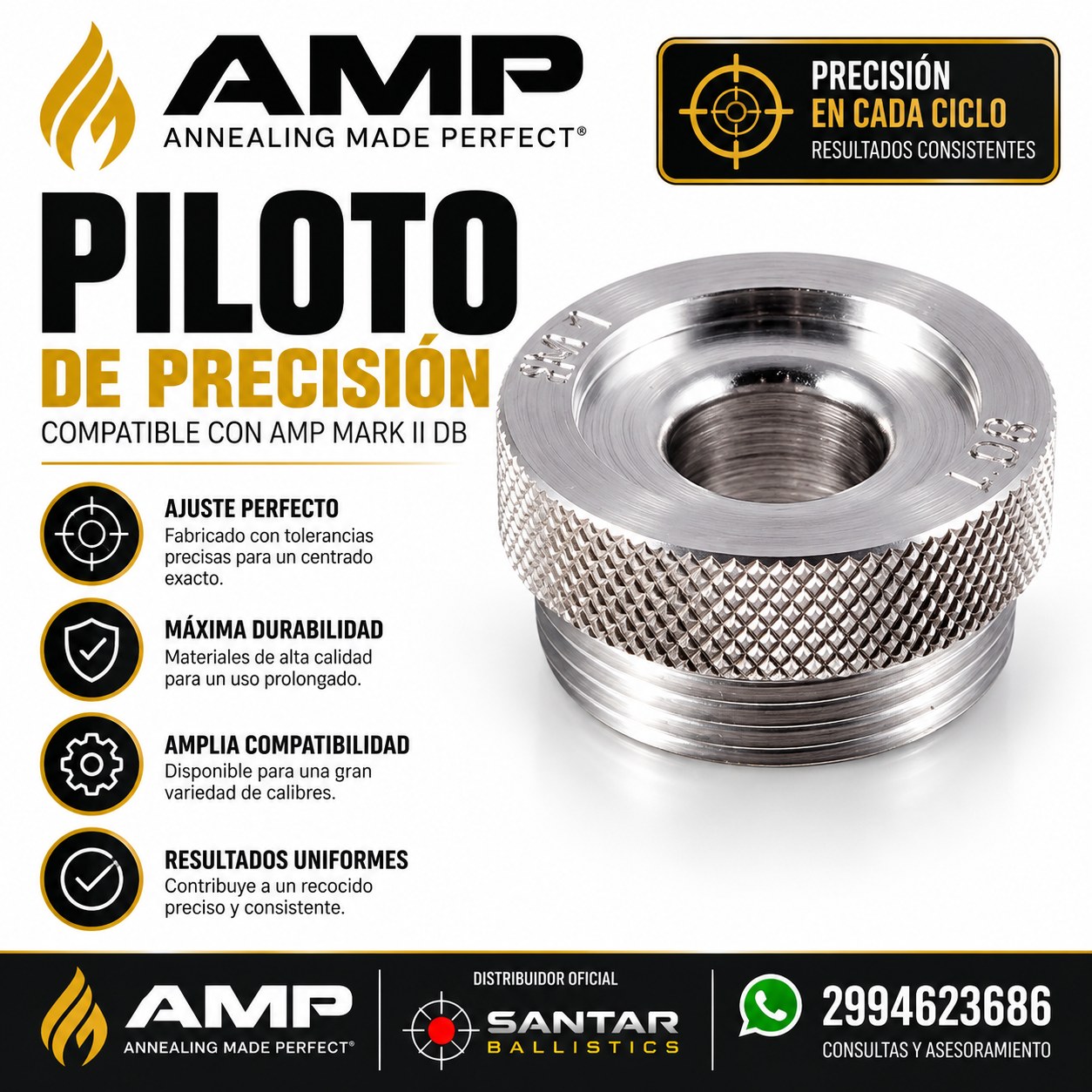 Piloto AMP para recocedora Mark 2 - calibres y numeros en las fotos 2 y 3 - Santar Ballistics